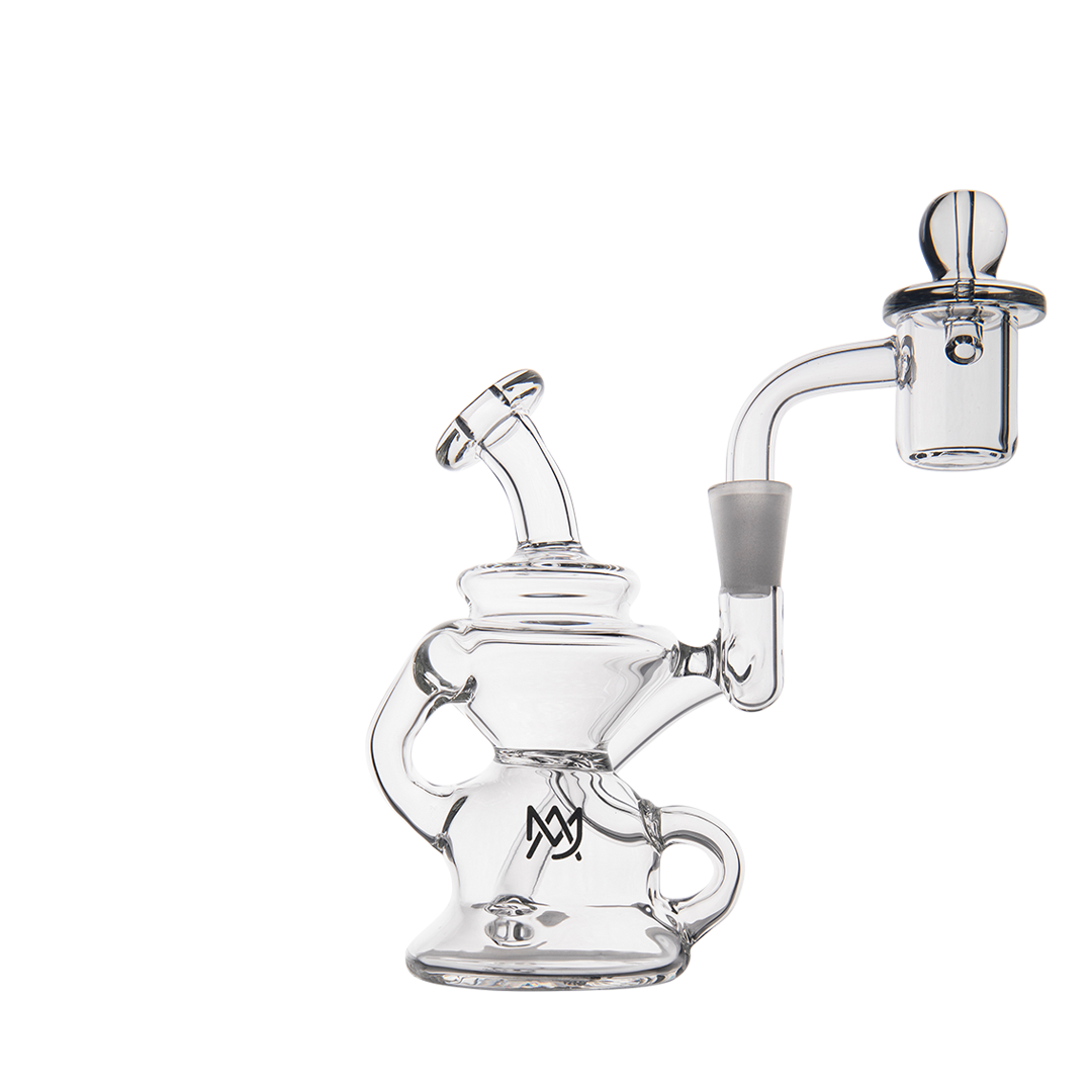 MJ Arsenal Hydra Mini Dab Rig, clear borosilicate glass, 90-degree banger hanger design, front view