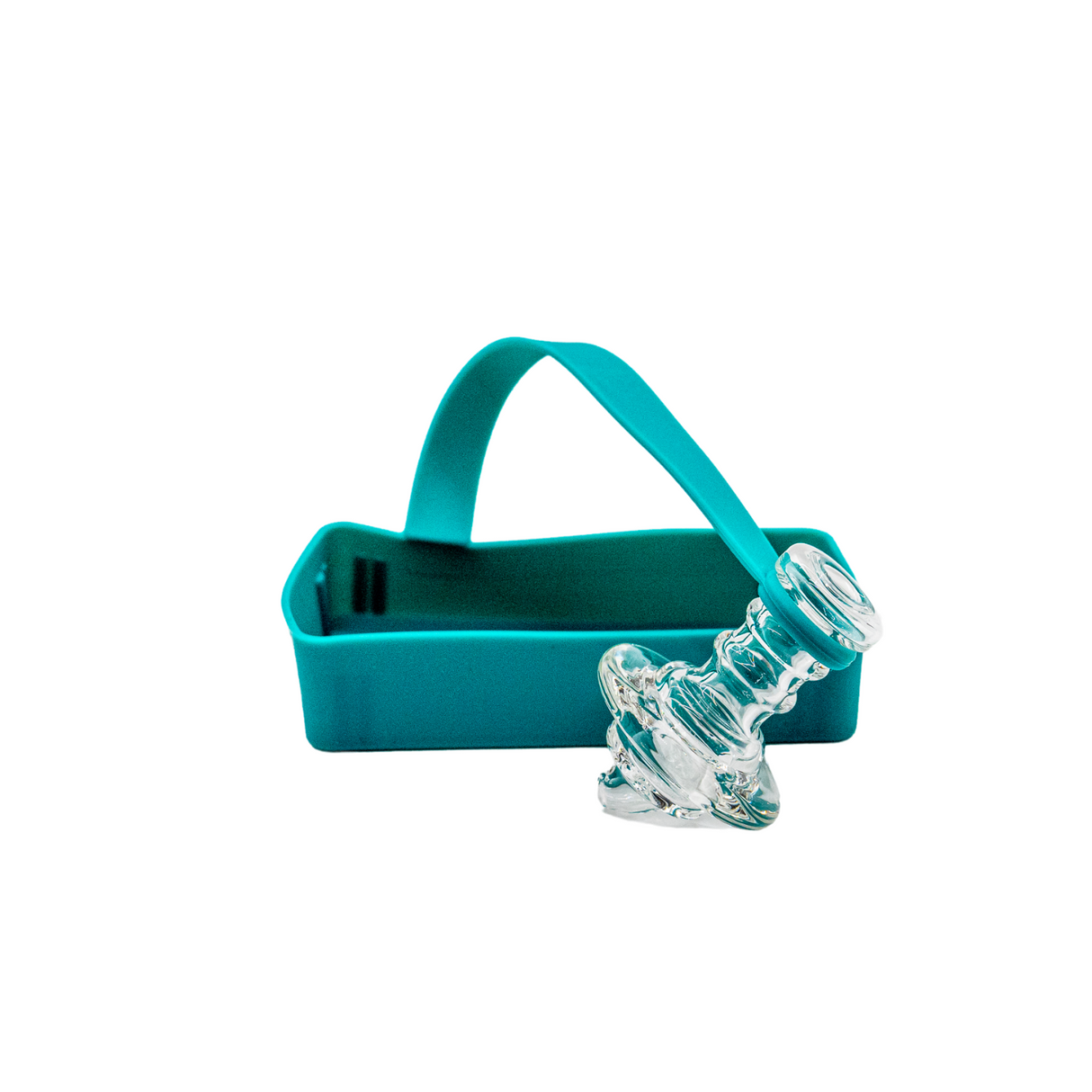 RiO Tethered Silicone Sleeve in teal, front view, with clear glass attachment for secure handling