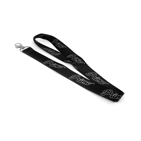 Primo Limited Edition Black Lanyard with White Logo, Angled View on White Background