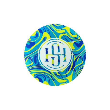High Society Round Dab Mat - Shaman design with vibrant blue and yellow swirls, top view