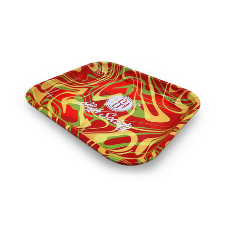 High Society Large Rolling Tray in Rasta colors with vibrant red, yellow, and green swirls, top view