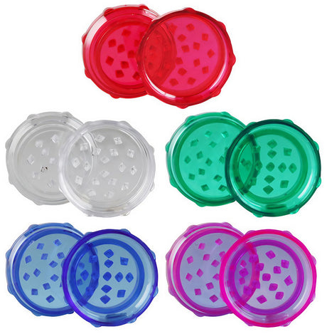 Assorted 2" Acrylic Grinders with Diamond Teeth in Red, Clear, Green, Blue, and Pink