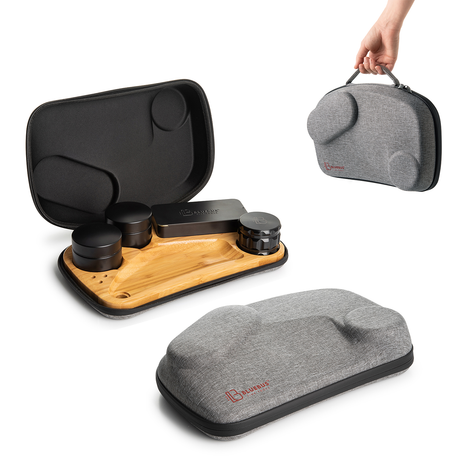 BLAZE Wooden Stash Rolling Tray with compartments and grinder, shown open, closed, and held