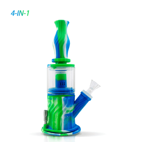Waxmaid 4-in-1 Double Percolator Silicone Water Pipe in Blue White Green, Angled View