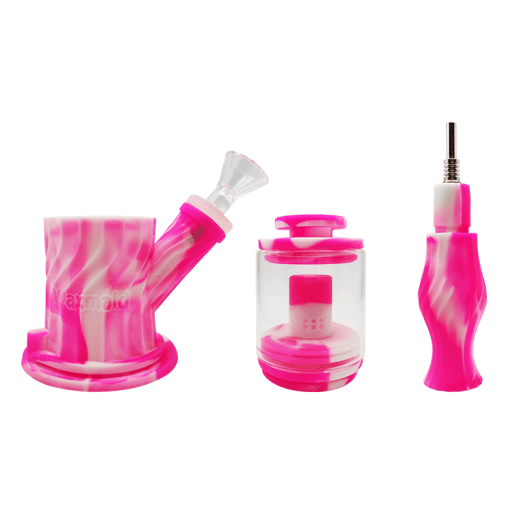 Waxmaid 4-in-1 Double Percolator Silicone Water Pipe in Pink Swirl, Multi-Configuration Display