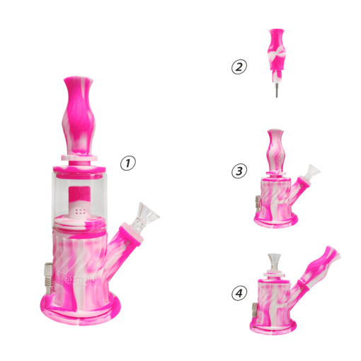 Waxmaid 4-in-1 Silicone Water Pipe with Double Percolator in Pink Swirl - Multiple Views