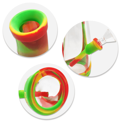 Waxmaid Horn Silicone Glass Water Pipe in vibrant colors, top, side, and bowl close-up views