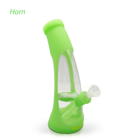 Waxmaid Horn Silicone Glass Water Pipe in GID Green, Angled Side View