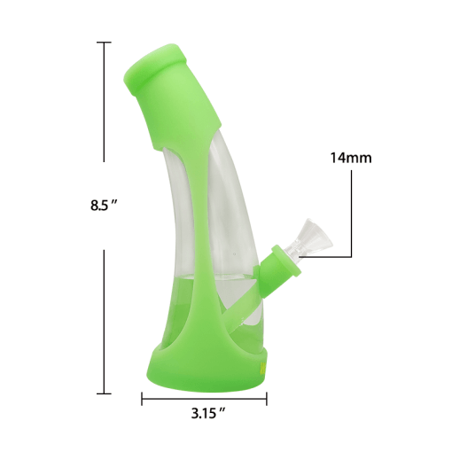 Waxmaid Horn Silicone Glass Water Pipe in Neon Green - Front View with Measurements