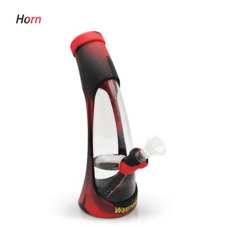 Waxmaid Horn Silicone Glass Water Pipe in Black Red, Angled Side View on White Background