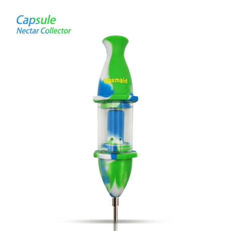 Waxmaid Capsule Silicone Glass Nectar Collector in Blue White Green, Front View