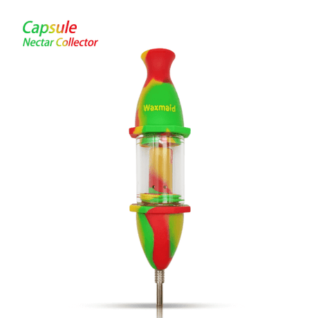 Waxmaid Capsule Nectar Collector in Rasta colors, silicone and glass design, front view on white background