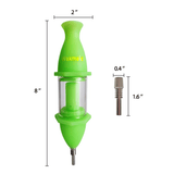 Waxmaid Capsule Silicone Glass Nectar Collector in green, front view with dimensions