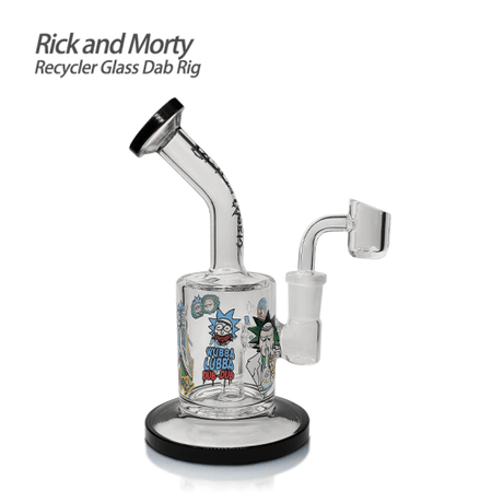 Waxmaid Rick and Morty themed glass dab rig with clear chamber and black base, side view