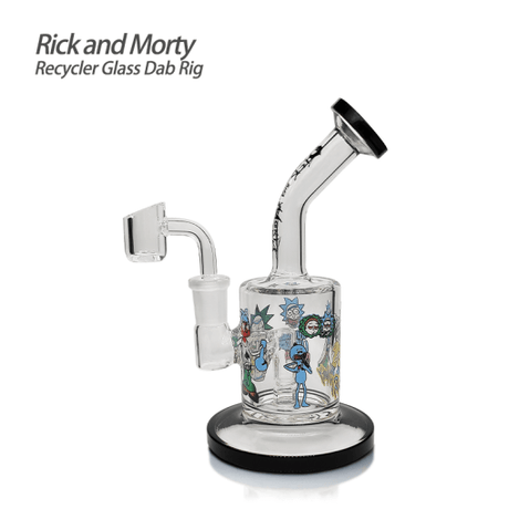 Waxmaid Rick and Morty themed glass dab rig with angled mouthpiece and detailed artwork