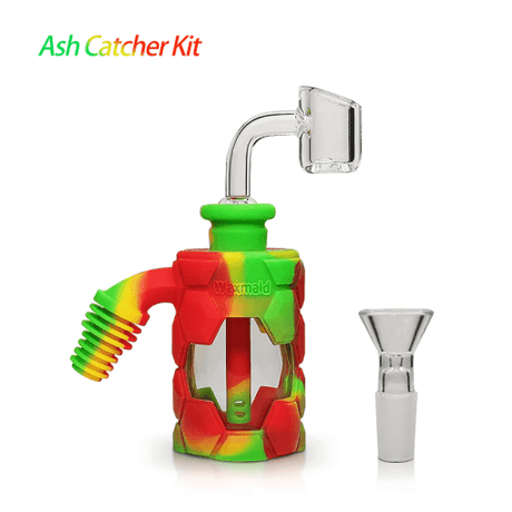 Waxmaid 4.96'' Silicone & Glass Ash Catcher in Rasta colors front view with clear bowl