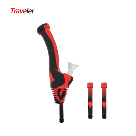 Waxmaid Universal Traveler Water Bottle Pipe in Black Red, Front View with Extra Mouthpieces