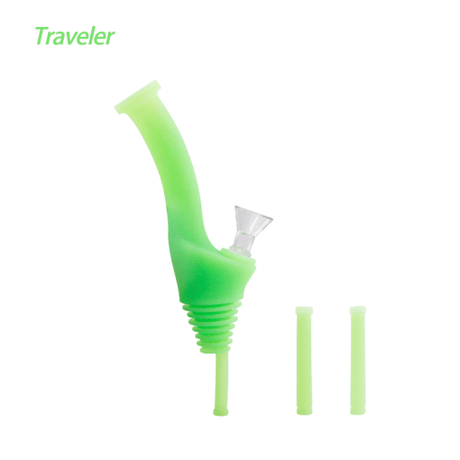 Waxmaid Universal Traveler Water Bottle Pipe in GID Green, front view, portable and versatile