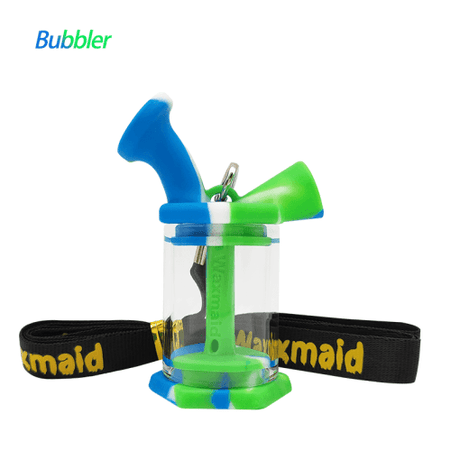 Waxmaid Silicone Glass Mini Bubbler in Blue White Green with Strap, Front View