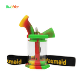 Waxmaid Silicone Glass Mini Bubbler in Rasta colors with lanyard, front view, portable and durable
