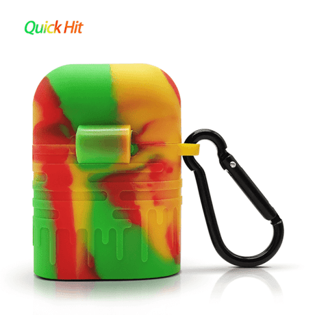 Waxmaid Quick Hit Silicone Dugout in Rasta colors with carabiner for portability, front view