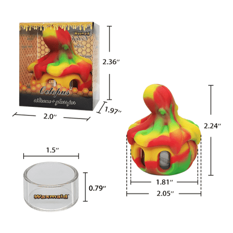 Waxmaid Octopus Silicone Concentrate Container in vibrant colors, front view with dimensions