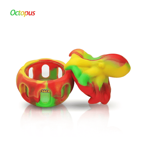 Waxmaid Octopus Silicone Concentrate Container in Rasta colors, front and open view