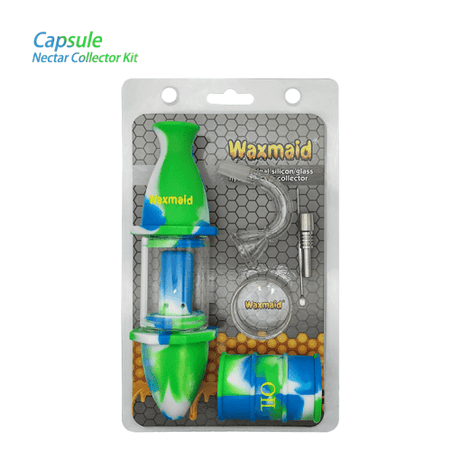Waxmaid Capsule Silicone Glass Nectar Collector Kit in Blue White Green, packaged view