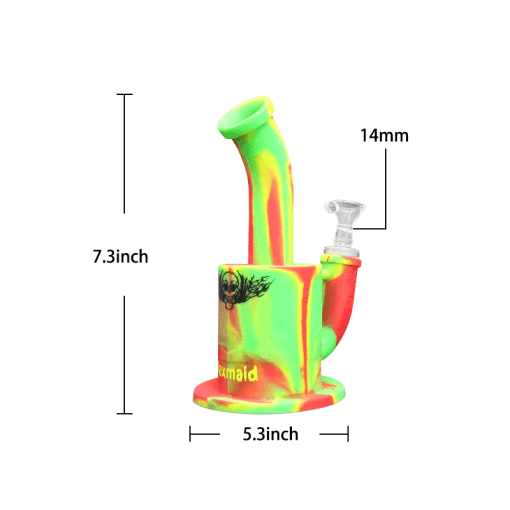 Waxmaid Magneto S Mini Silicone Water Pipe in vibrant tie-dye colors, front view with dimensions