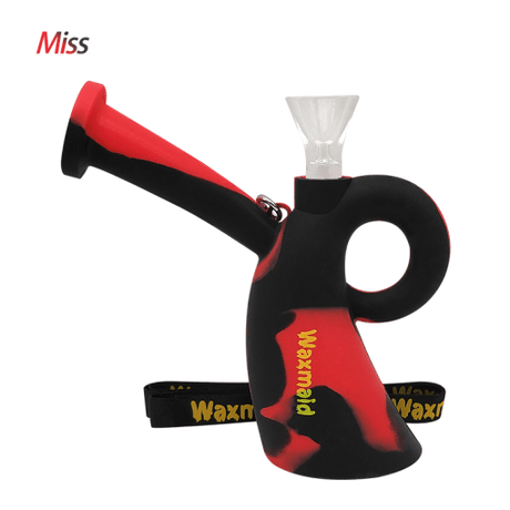 Waxmaid Miss Silicone Water Pipe in Black Red, Angled Side View with Deep Bowl