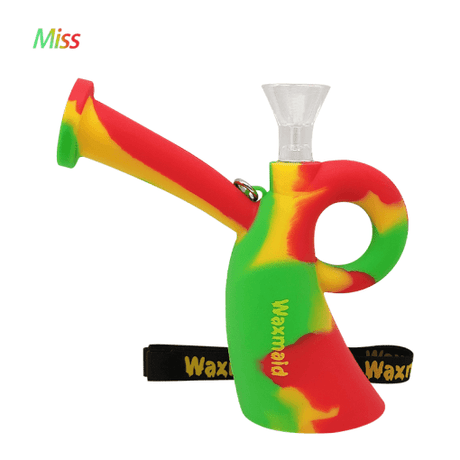 Waxmaid Miss Silicone Water Pipe in Rasta colors, angled view with wristband