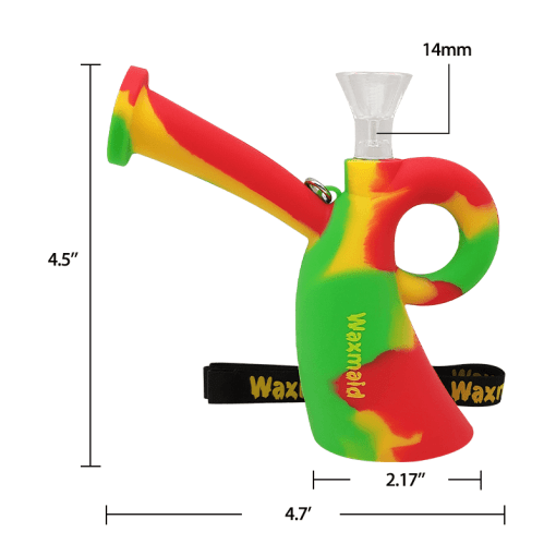 Waxmaid Miss Silicone Water Pipe in Rasta Colors with Keychain - Angled View