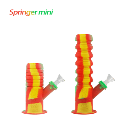 Waxmaid Springer Mini Silicone Water Pipe in Rasta colors, collapsible design, front and extended views