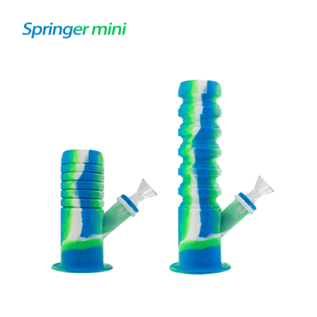 Waxmaid Springer Mini in Blue White Green, Collapsible Silicone Water Pipe, Compact Design