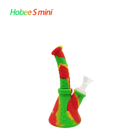 Waxmaid Hobee S Mini Silicone Beaker Water Pipe in Rasta colors, angled view on white background