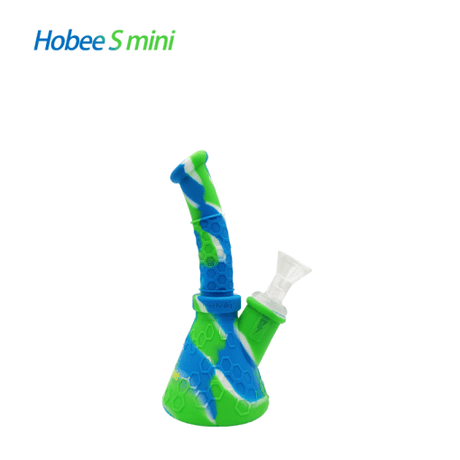 Waxmaid Hobee S Mini Silicone Beaker Water Pipe in Blue White Green, Angled View