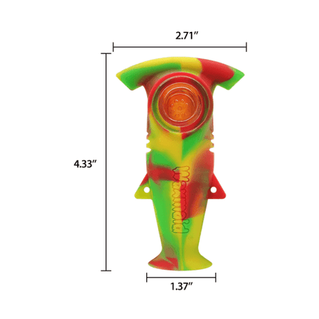 Waxmaid Shark Handpipe in vibrant colors, front view with dimensions, portable silicone design