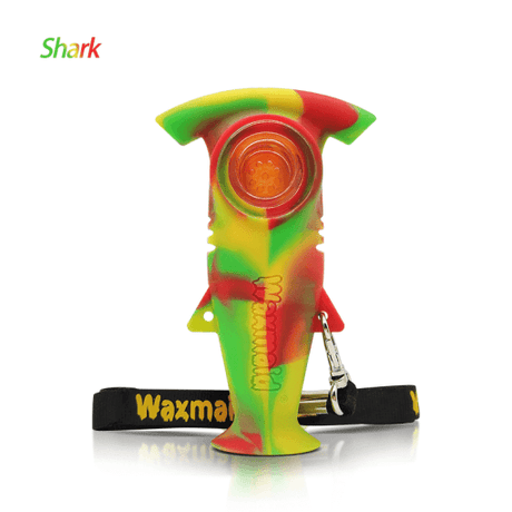 Waxmaid Shark Handpipe in Rasta colors front view with keychain on white background