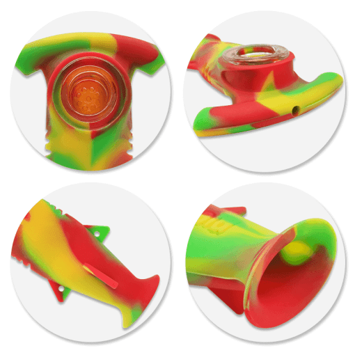 Waxmaid Shark Handpipe in vibrant colors, showcasing multiple angles including bowl and mouthpiece
