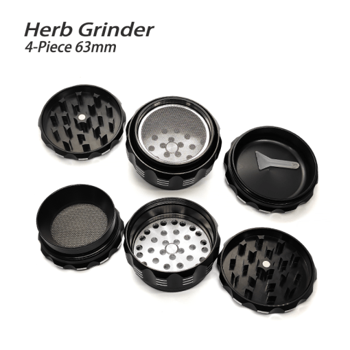 Waxmaid 4-Piece Polygon Herb Grinder in Black, 63mm, disassembled view showing all components
