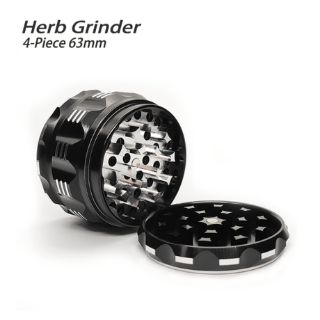 Waxmaid 4-Piece Polygon Black Herb Grinder, 63mm size, open view showing sharp teeth