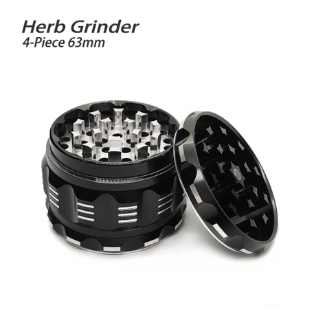 Waxmaid 4-Piece Polygon Herb Grinder in Black, 63mm, Angled View with Open Compartment