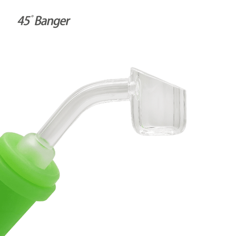 Waxmaid 14mm 45° Quartz Dab Banger Close-up, Clear with Green Silicone Grip