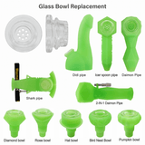 Waxmaid 18mm Glass Bowl Replacements in green, displayed with various Waxmaid handpipes