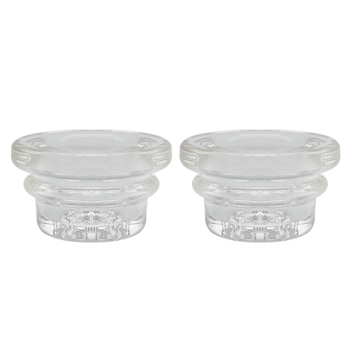 Two Waxmaid 18mm clear glass bowl replacements for handpipes, front view on white background