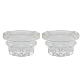 Two Waxmaid 18mm clear glass bowl replacements for handpipes, front view on white background