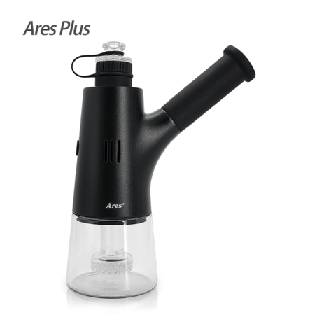 Waxmaid Ares Plus Electric Dab Rig in black with clear glass chamber, side view on white background