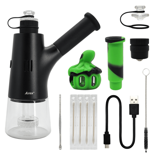 Waxmaid Ares Plus Electric Dab Rig with accessories including USB cable and cleaning tools
