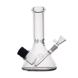 MJ Arsenal Cache Bong in clear borosilicate glass, compact beaker design, front view on white background