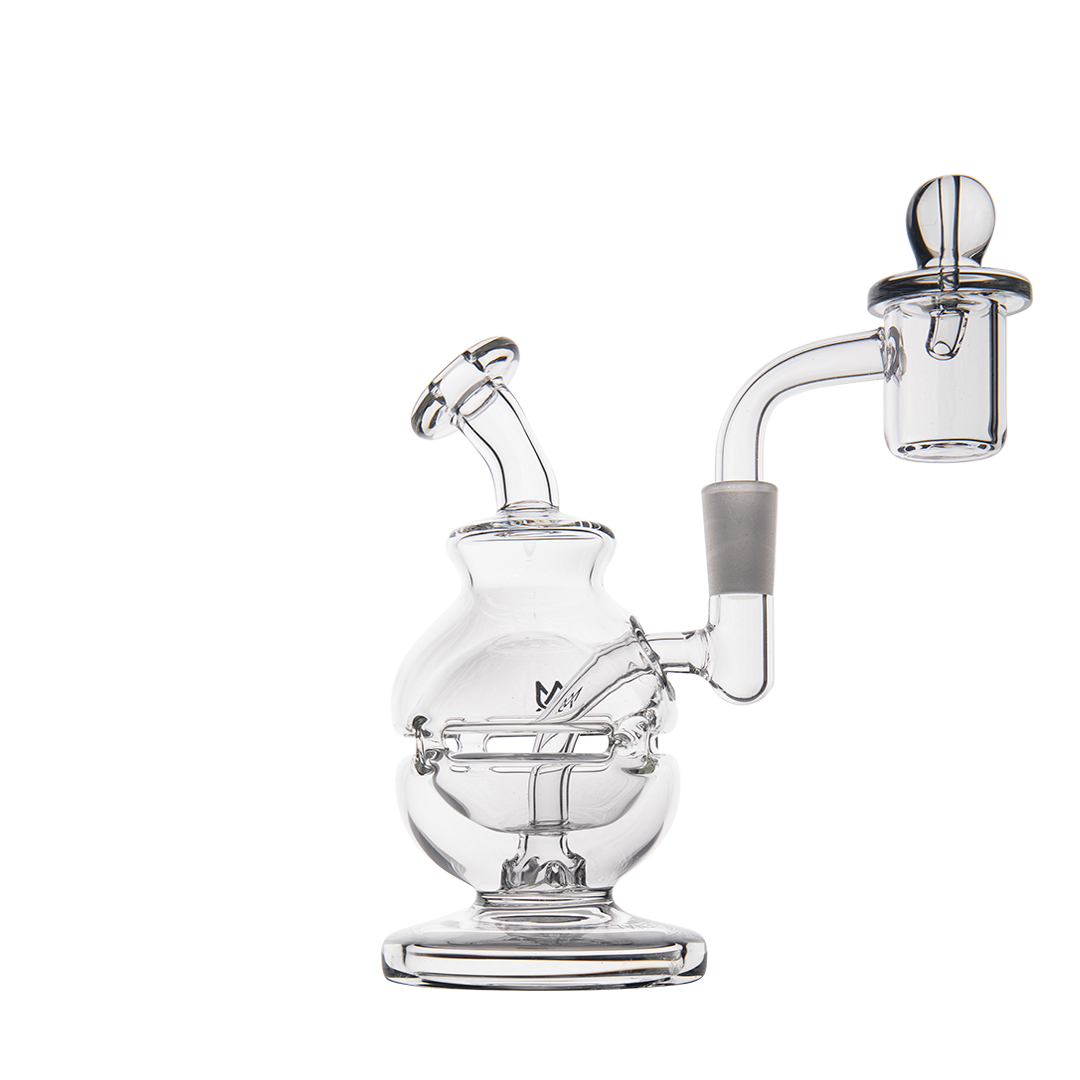 MJ Arsenal Royale Mini Dab Rig, clear borosilicate glass, 5" tall with 90-degree banger hanger, side view